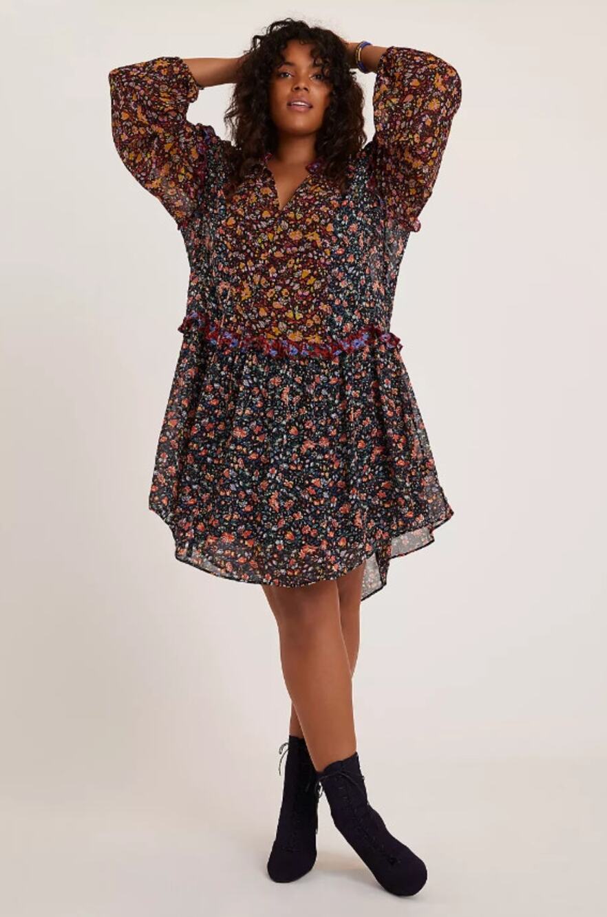 Anthropologie Helene Tunic Dress Large Floral Ruffle Long Sleeve Slip Boho